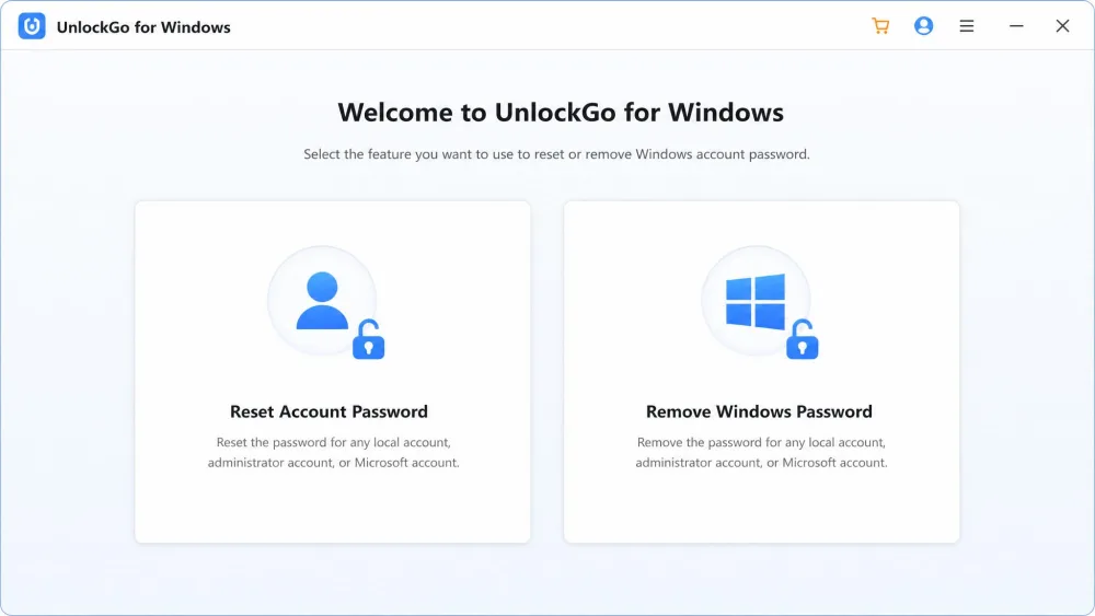 The main UnlockGo for Windows reset interface after booting, showing the Reset Account Password and Remove Windows Password options side by side.