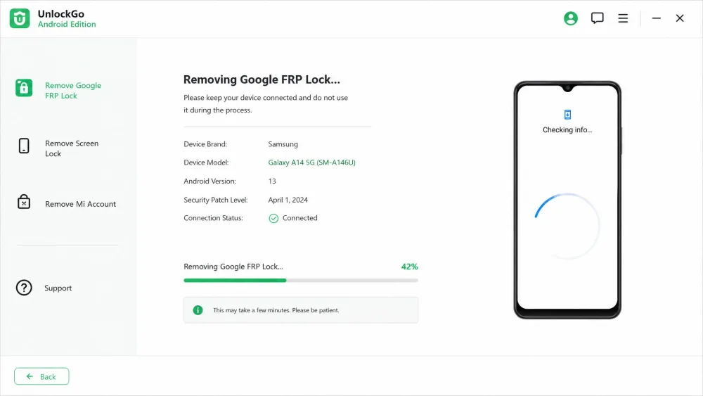 The UnlockGo Android edition mid-way through an FRP removal on a Samsung phone, showing device-model selection and a progress indicator.