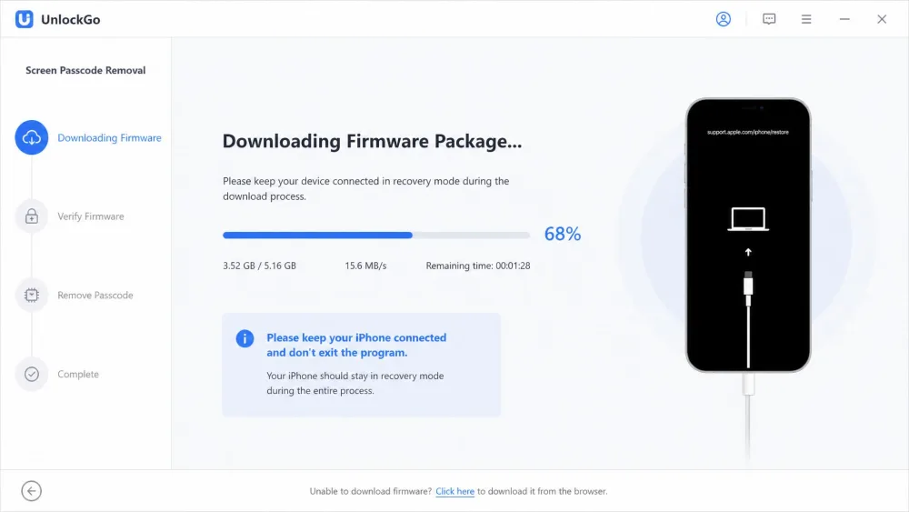 UnlockGo downloading a firmware package during a screen-passcode removal, with a progress bar and an on-screen instruction to keep the iPhone connected in recovery mode.