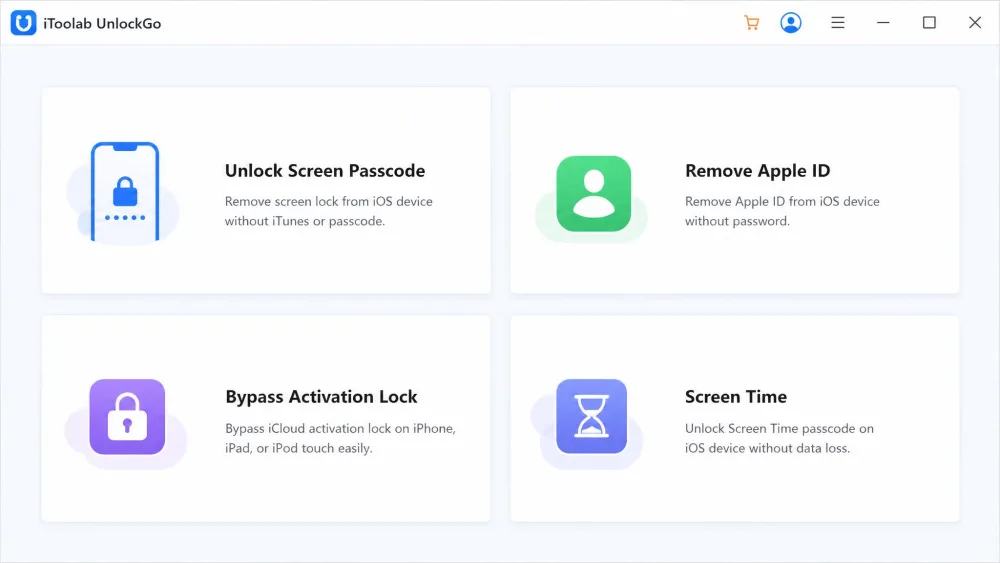 The iToolab UnlockGo main dashboard on Windows showing the lock-type tiles for Unlock Screen Passcode, Remove Apple ID, Bypass Activation Lock, and Screen Time.