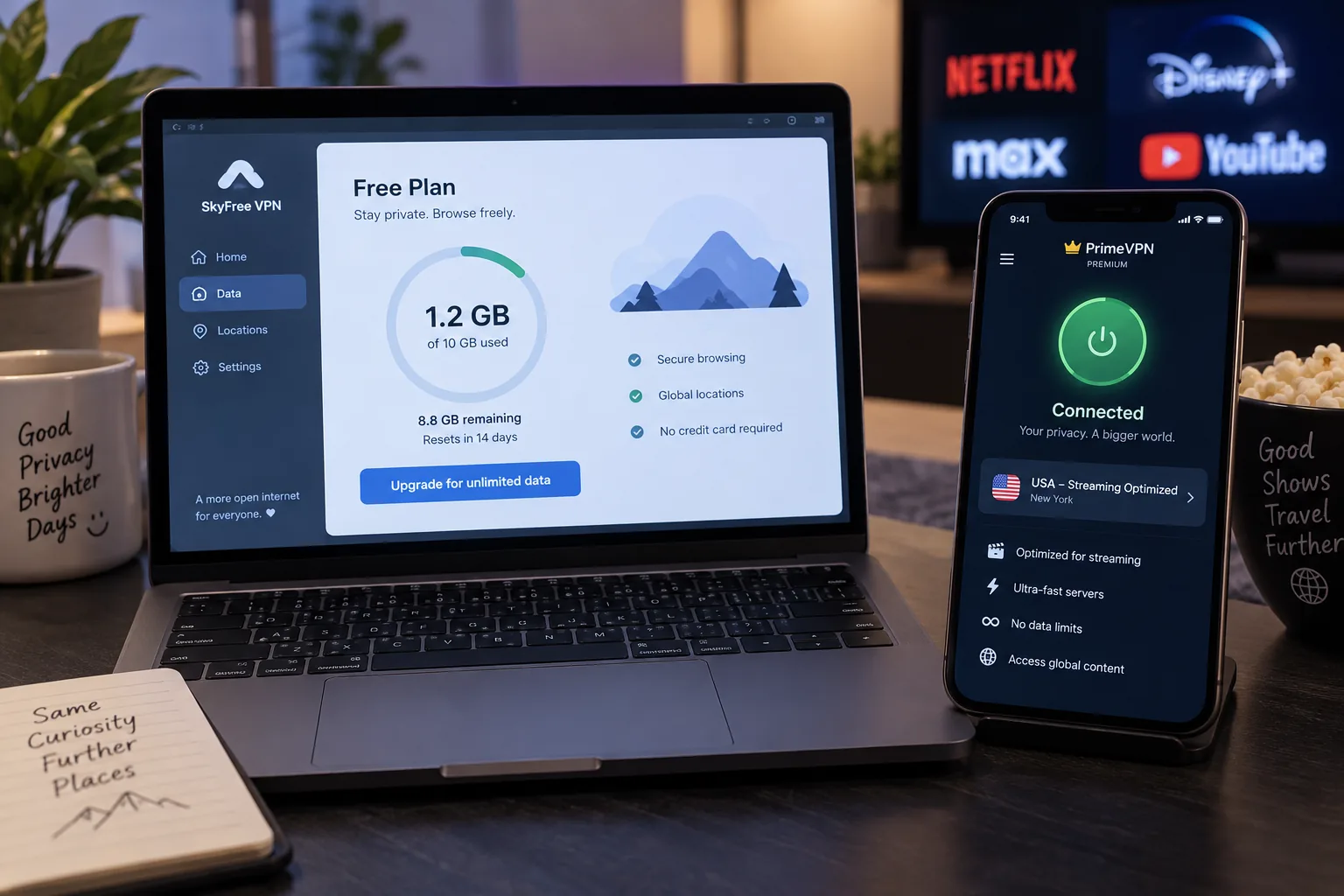 A laptop and a phone side by side, one showing a free VPN plan with a data counter and the other a paid VPN app connected to a streaming-optimized server.