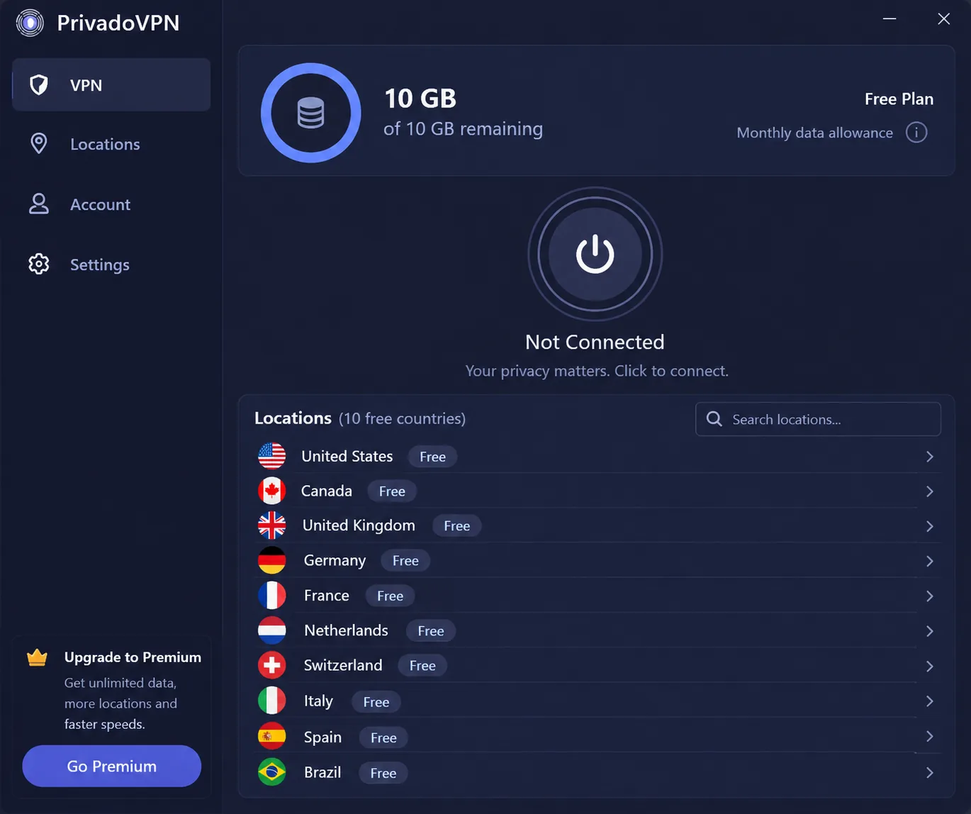 PrivadoVPN's Windows app on the free plan, showing the 10 free server countries in the location list and the remaining 10GB data allowance at the top.