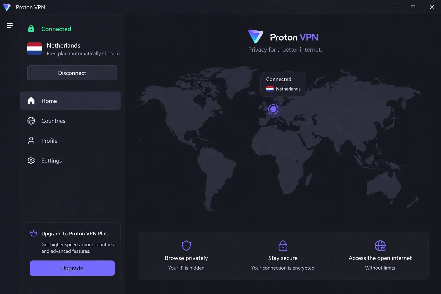 Proton VPN's Windows app connected on the free plan, showing the automatically chosen server country and no data-usage counter anywhere on screen.