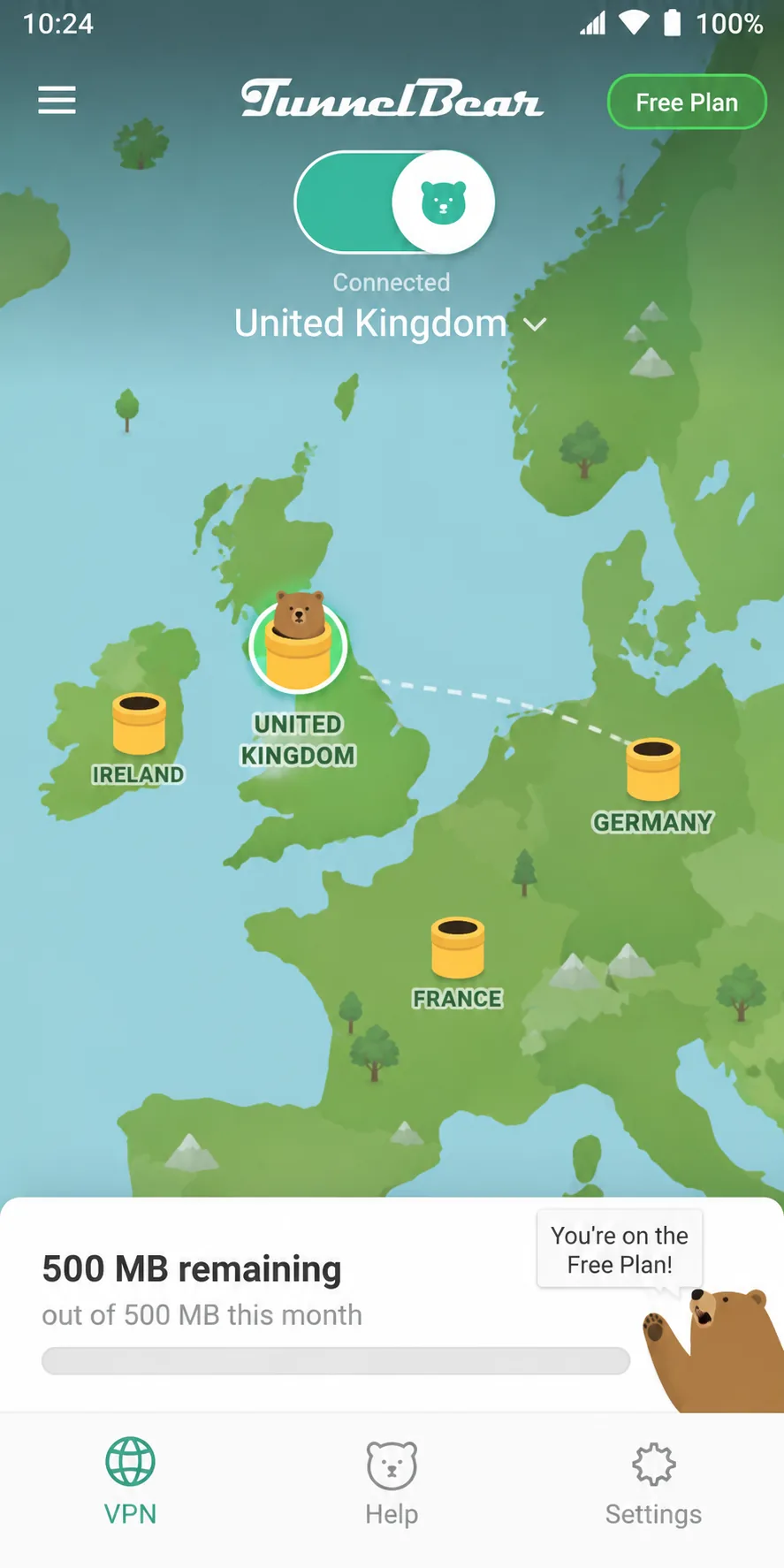TunnelBear's mobile app connected on the free plan, with the map showing the automatically assigned nearest server and the monthly data remaining.