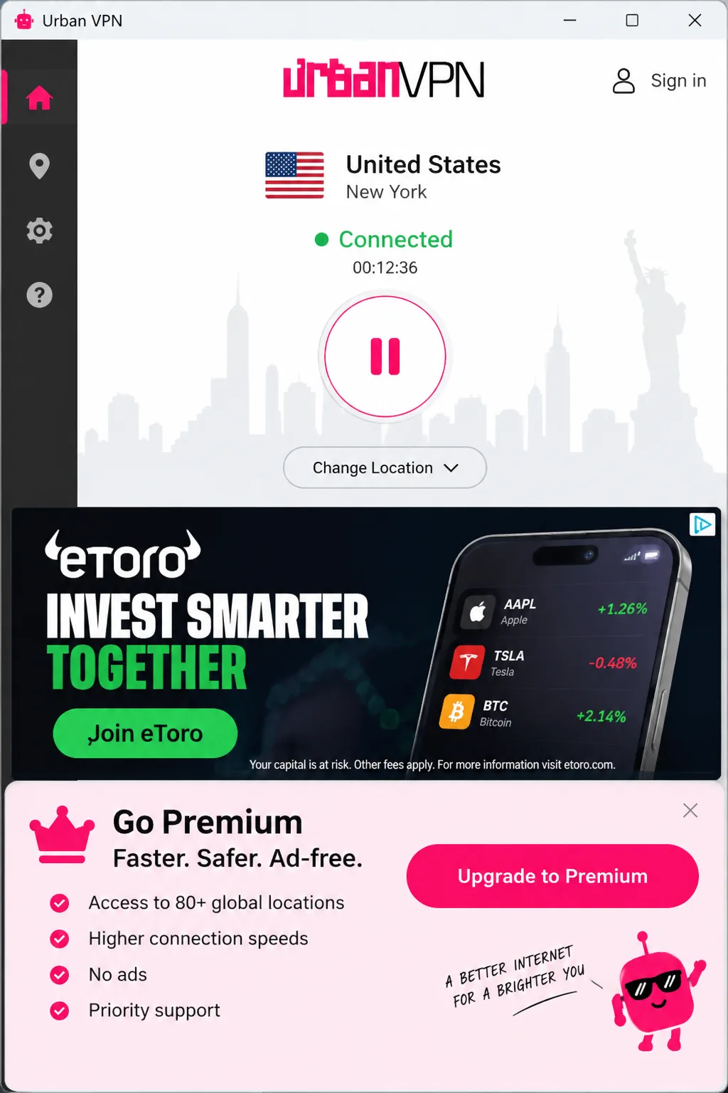 Urban VPN's free Windows app connected to a server, with a banner ad and a Premium upgrade prompt filling the lower half of the window.