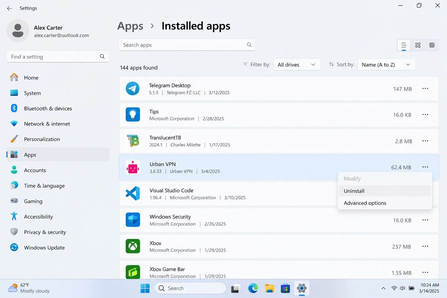 Windows 11 Settings open on Apps > Installed apps, with Urban VPN highlighted in the list and the Uninstall option showing in its menu.