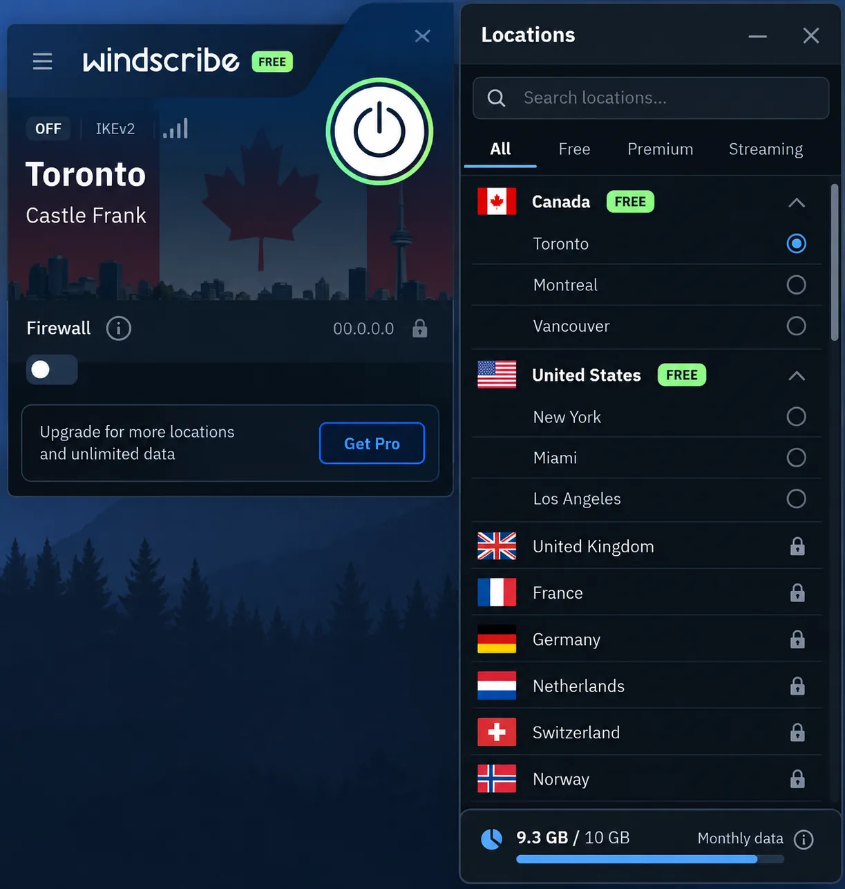 Windscribe's desktop app on the free plan with the location list open, free locations marked, and the remaining monthly data shown at the bottom.
