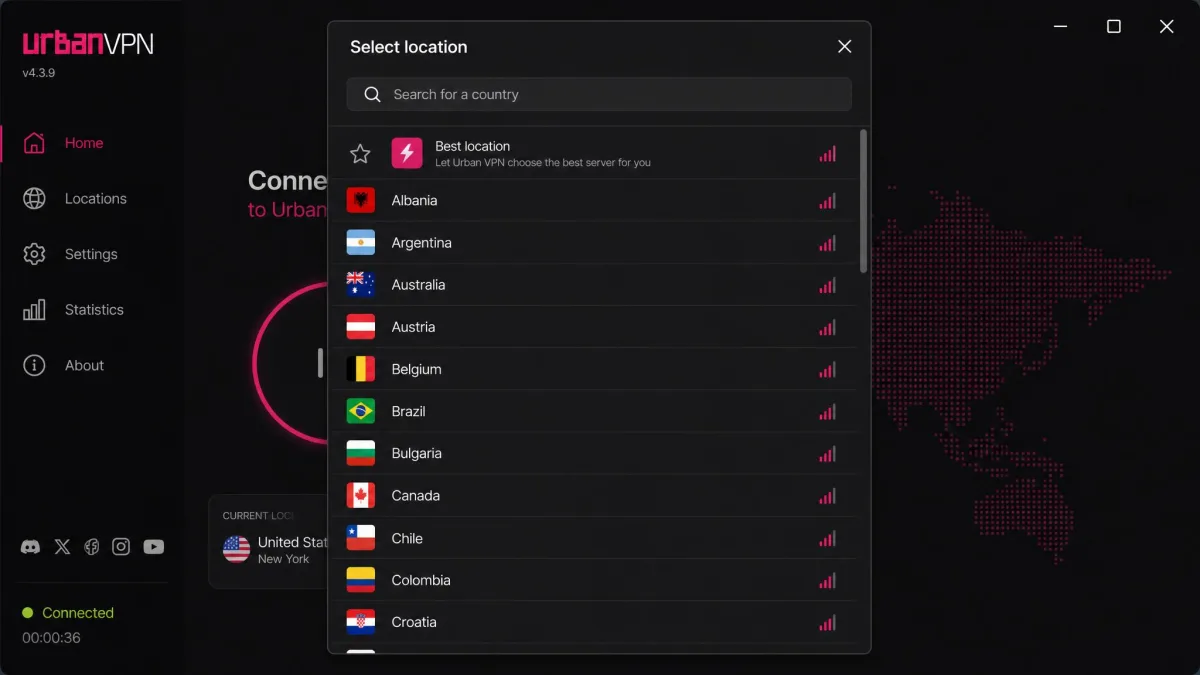 The Urban VPN location selector open, showing a scrollable list of country options a user can pick from to change their virtual location.