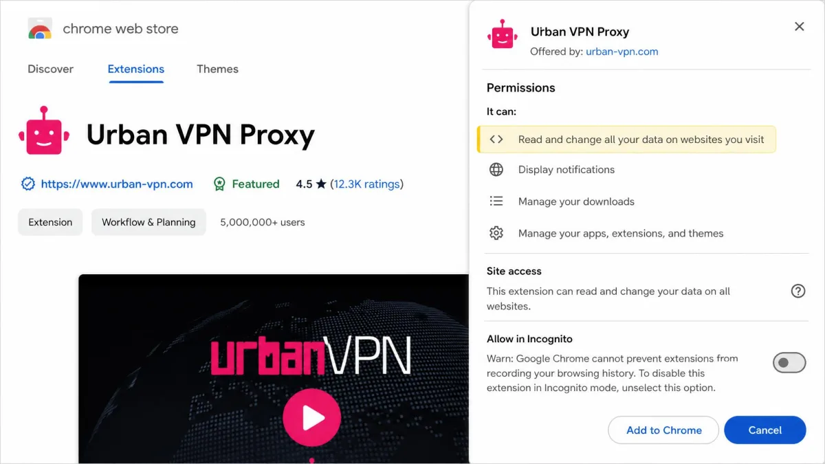 The Chrome Web Store permissions panel for the Urban VPN Proxy extension, highlighting the "read and change all your data on websites you visit" permission line.