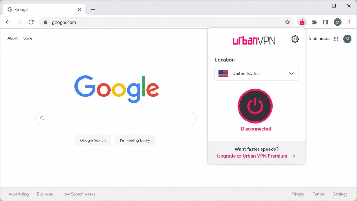 Urban VPN Chrome extension popup open in the browser toolbar, showing a country dropdown and a connect toggle.