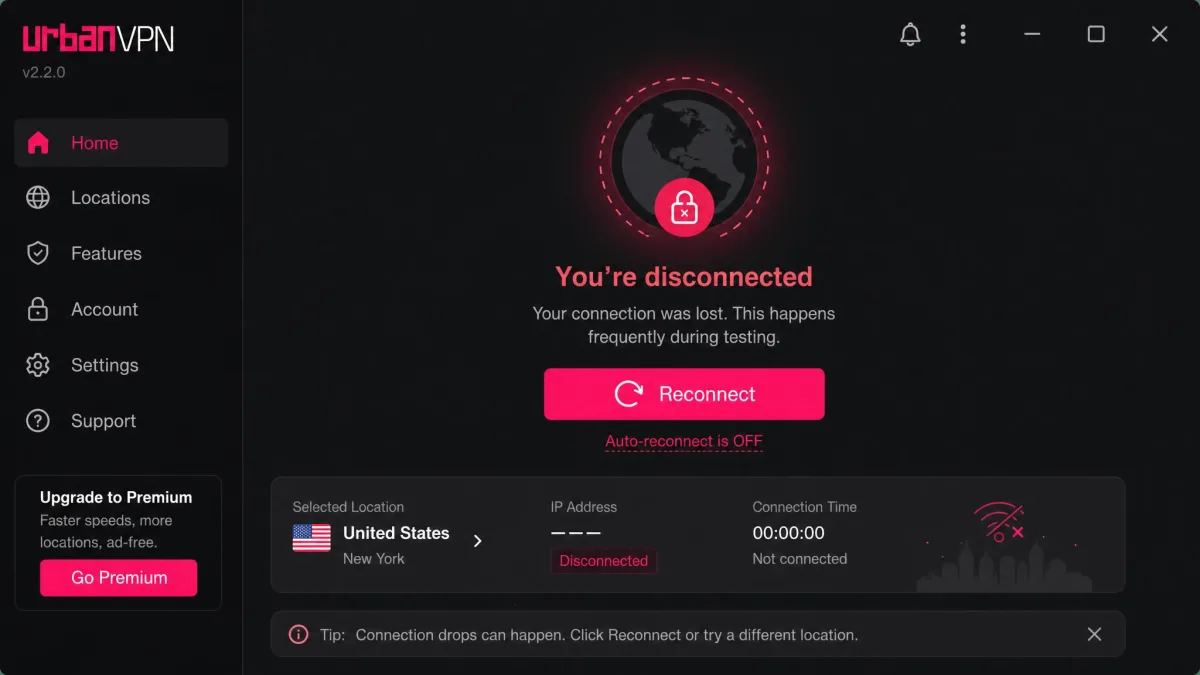 An Urban VPN app showing a disconnected status with a reconnect prompt, illustrating the frequent connection drops encountered during testing.