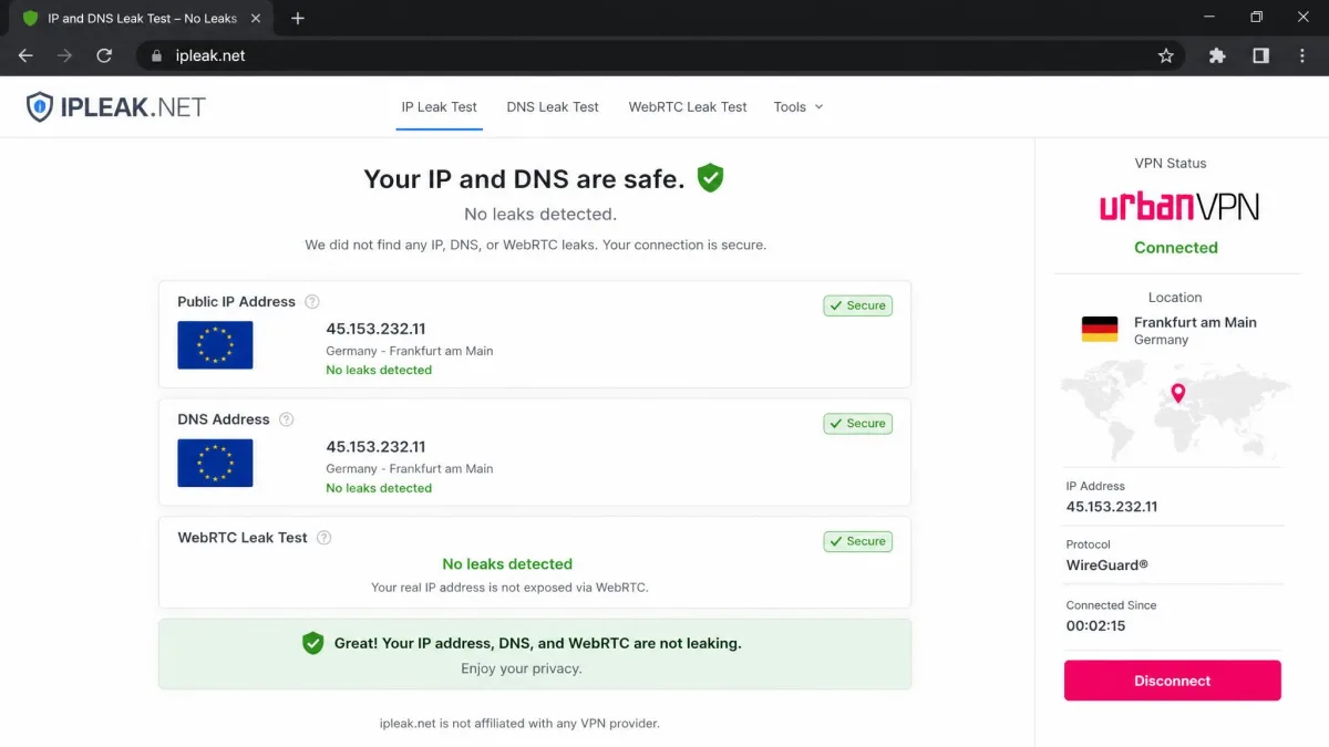 A browser-based IP and DNS leak test page showing no leaks detected while Urban VPN is connected to a European server.