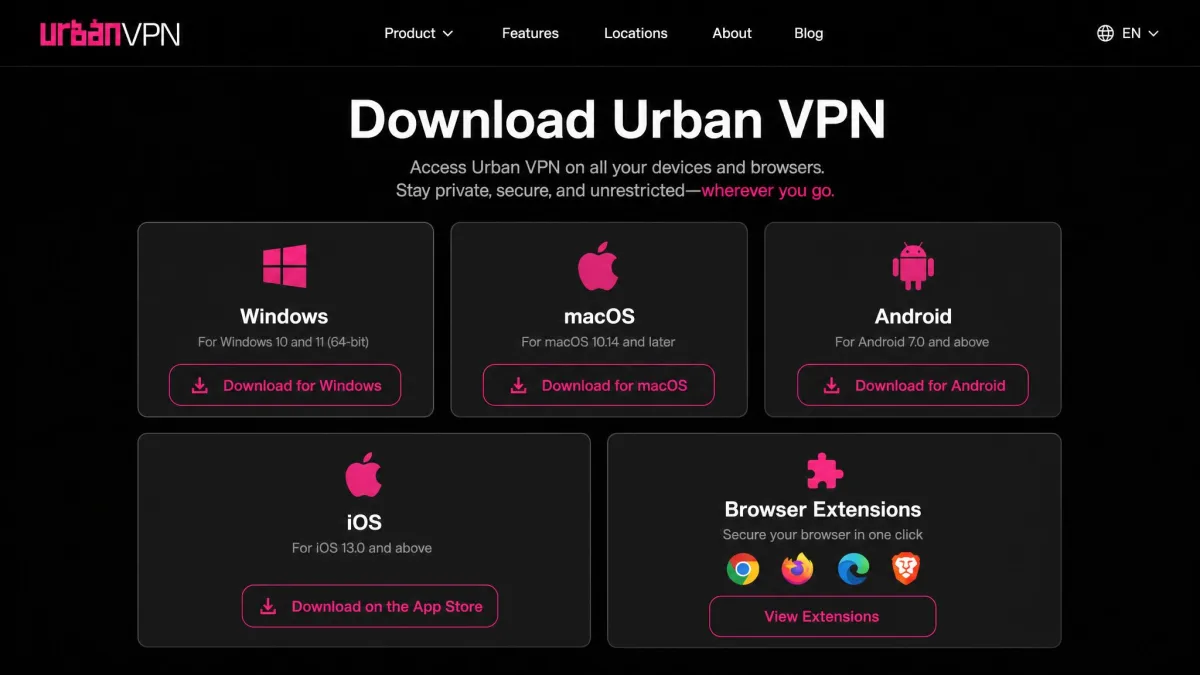 A grid of Urban VPN download buttons for Windows, macOS, Android, iOS, and browser extensions displayed on the Urban VPN downloads page.