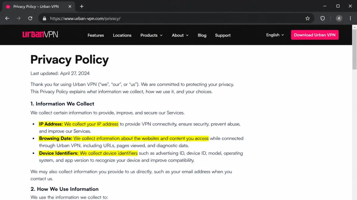 Urban VPN privacy policy open in a browser with highlighted passages listing collection of IP address, browsing data, and device identifiers.