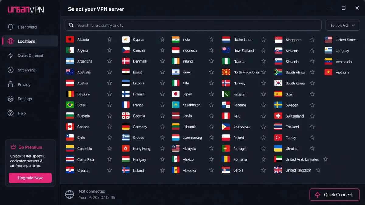Urban VPN app server selection screen listing dozens of countries with flags and a search box for finding a location.