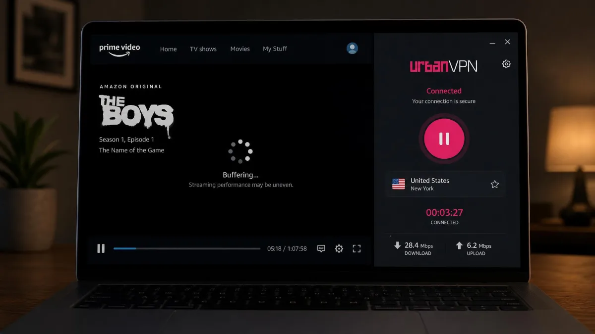 A laptop screen showing a streaming service loading over an Urban VPN connection, with a buffering spinner illustrating the uneven streaming performance.
