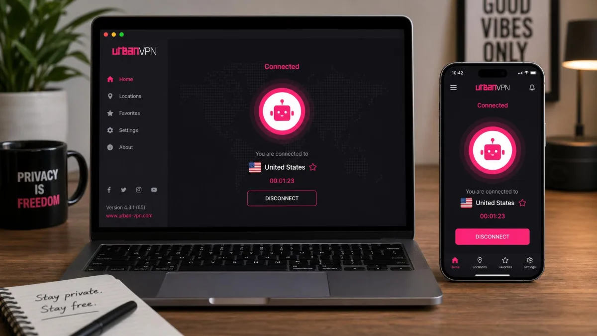 Urban VPN running across a laptop and a smartphone side by side on a desk, both showing the connected VPN interface.