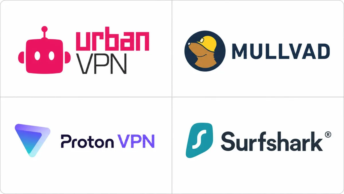 Logos of Urban VPN, Mullvad, Proton VPN, and Surfshark arranged in a comparison grid for a VPN head-to-head.