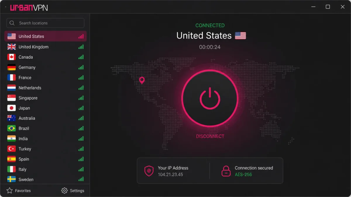 Urban VPN's Windows desktop app showing a connected session with a country server list on the left and a large connect button in the center.