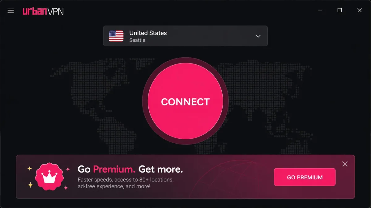 The Urban VPN Windows desktop app showing the large connect button in the center, a country location dropdown at the top, and a promotional upsell banner for Premium along the bottom edge.