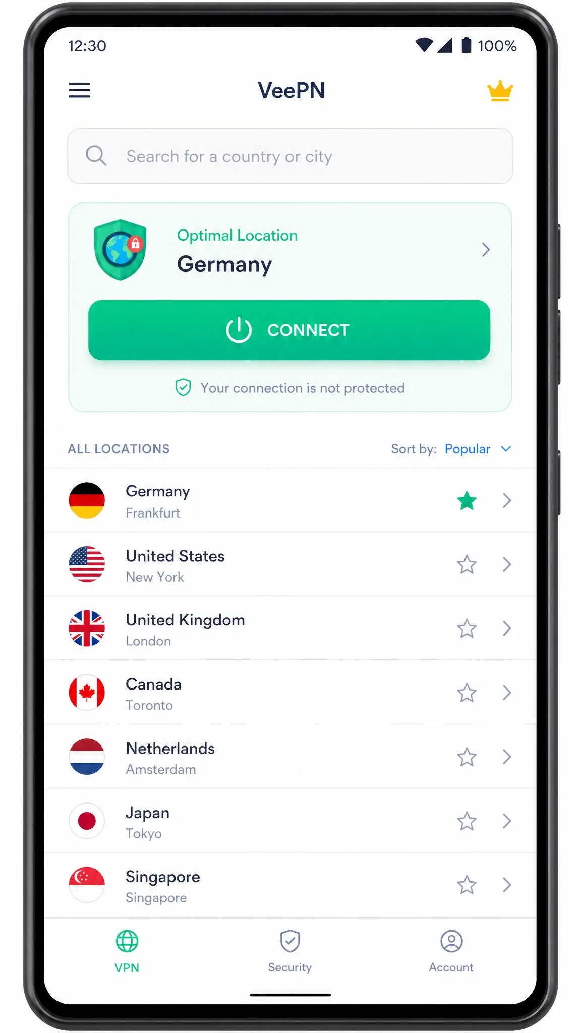 VeePN's Android app showing the server location list with a search bar at the top and a prominent connect button, illustrating the clean beginner-friendly layout.