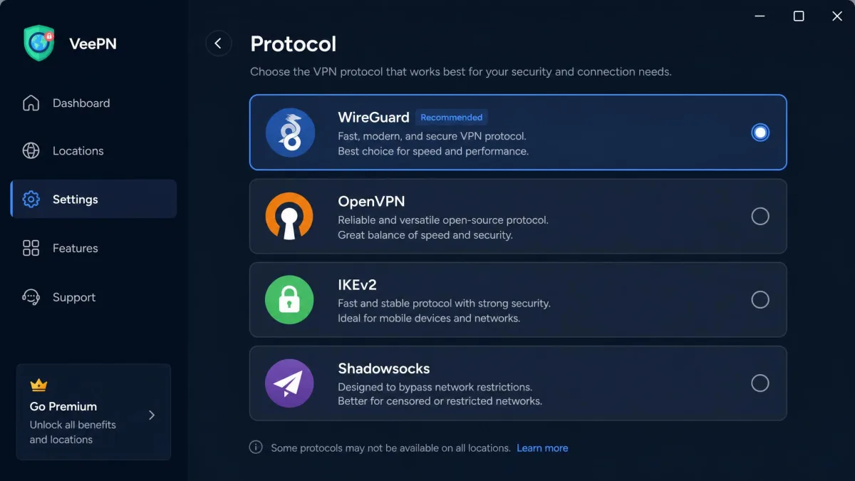 VeePN's protocol selection settings panel listing WireGuard, OpenVPN, IKEv2, and Shadowsocks options with WireGuard highlighted as the active choice.