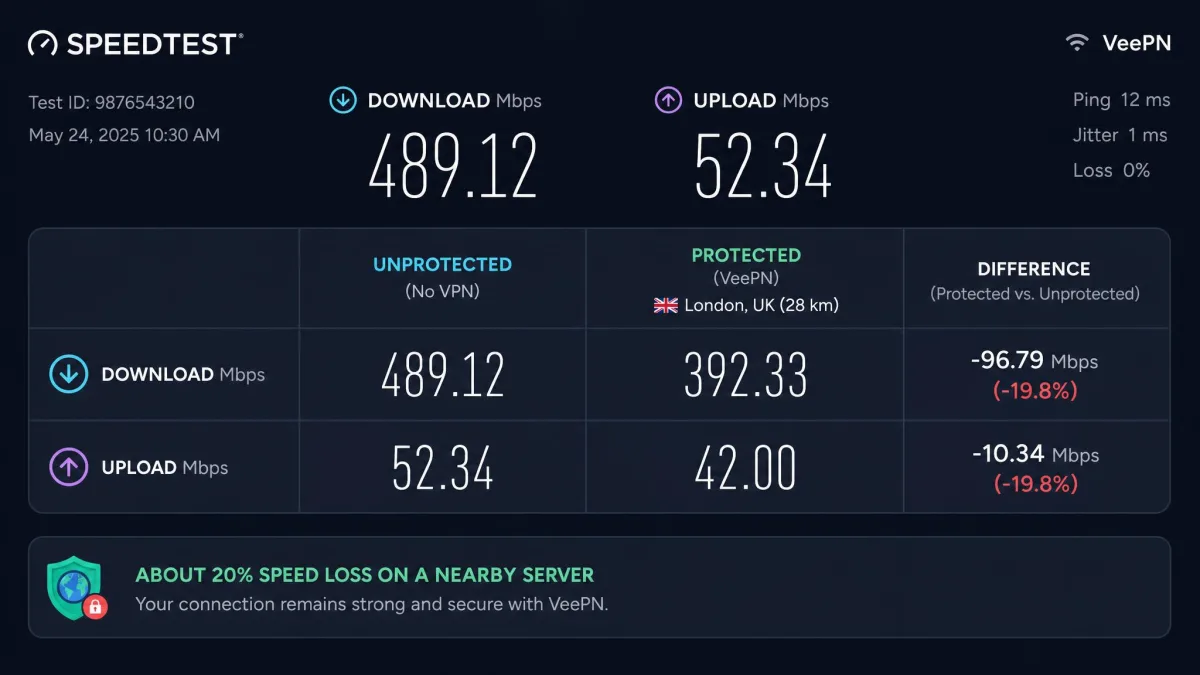 A speed-test result screen run over VeePN showing roughly 20 percent throughput loss on a nearby server, with download and upload figures displayed side by side against an unprotected baseline.