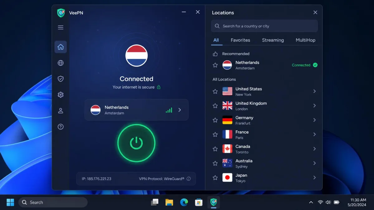 VeePN's Windows desktop app showing a connected session to a Netherlands server, with the large connect button lit green and the server list open on the right side.
