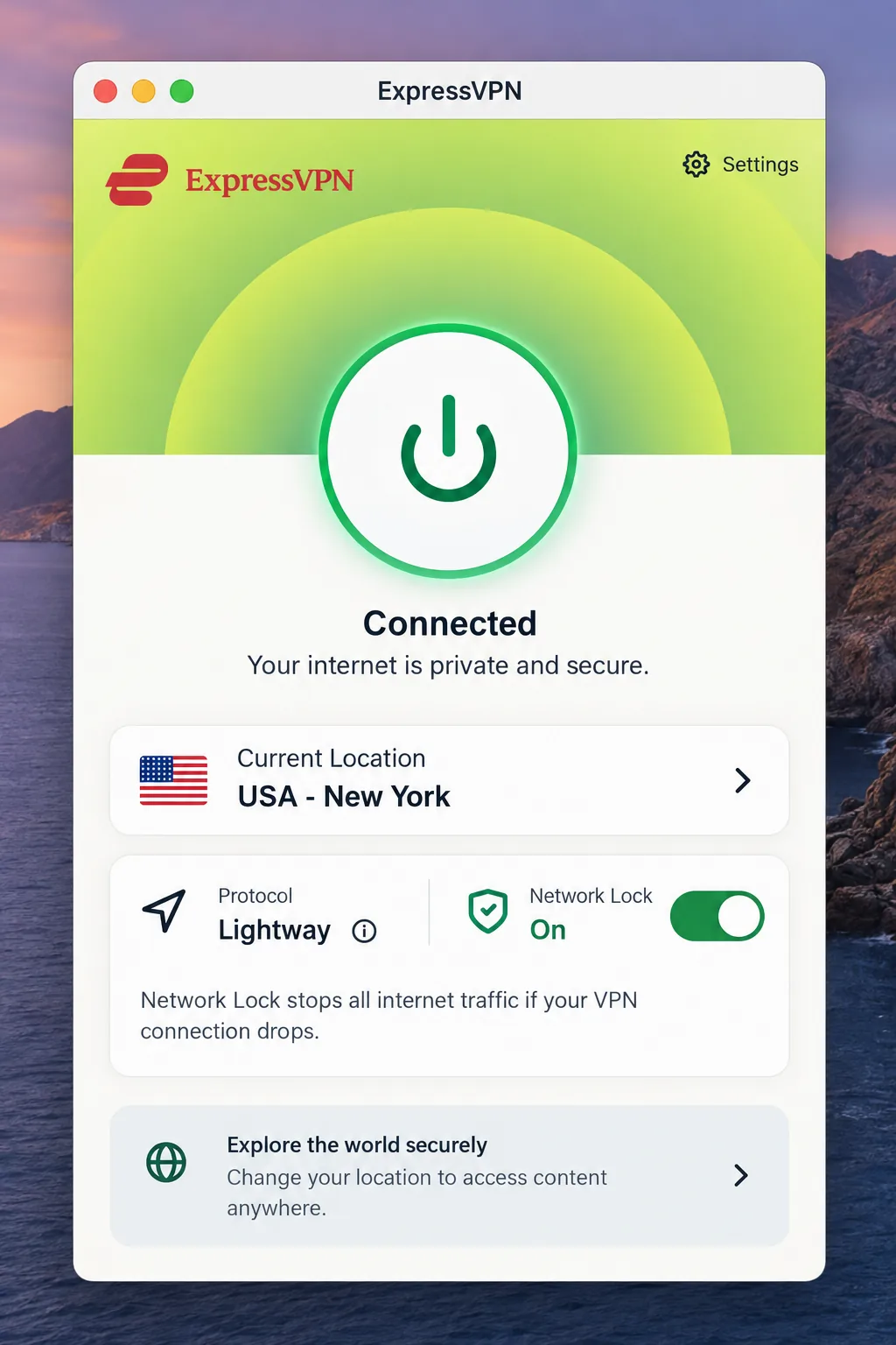 ExpressVPN's macOS app connected over Lightway, with the power button, selected location and Network Lock setting visible.