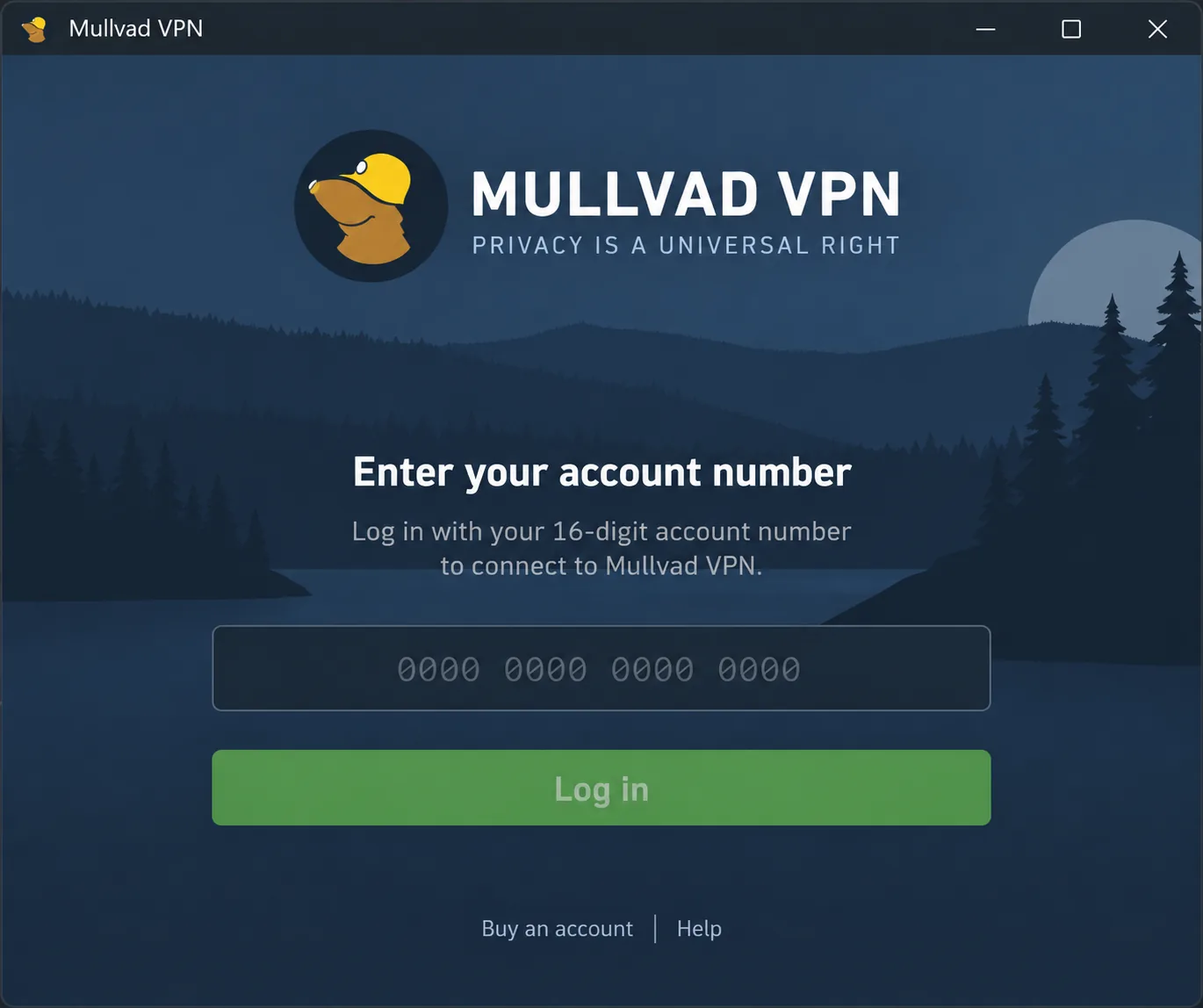 Mullvad VPN's desktop login screen asking only for a 16-digit account number, with no email or password field.