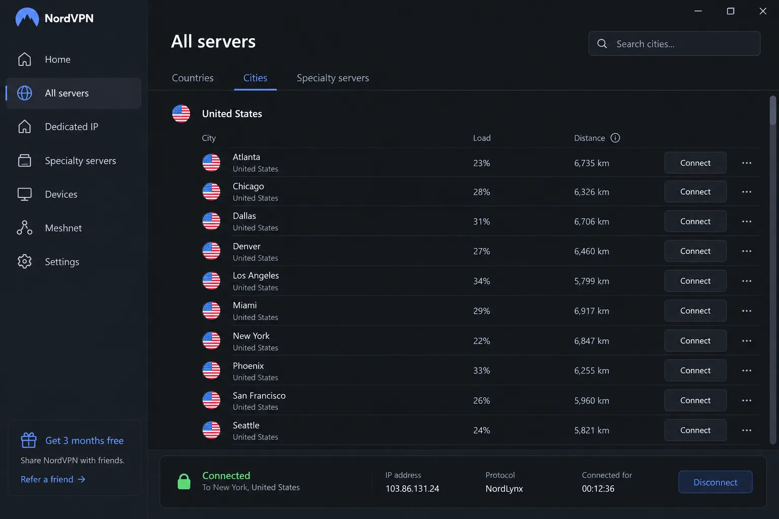 NordVPN's Windows app in list view, showing city-level US servers and a connected status bar.