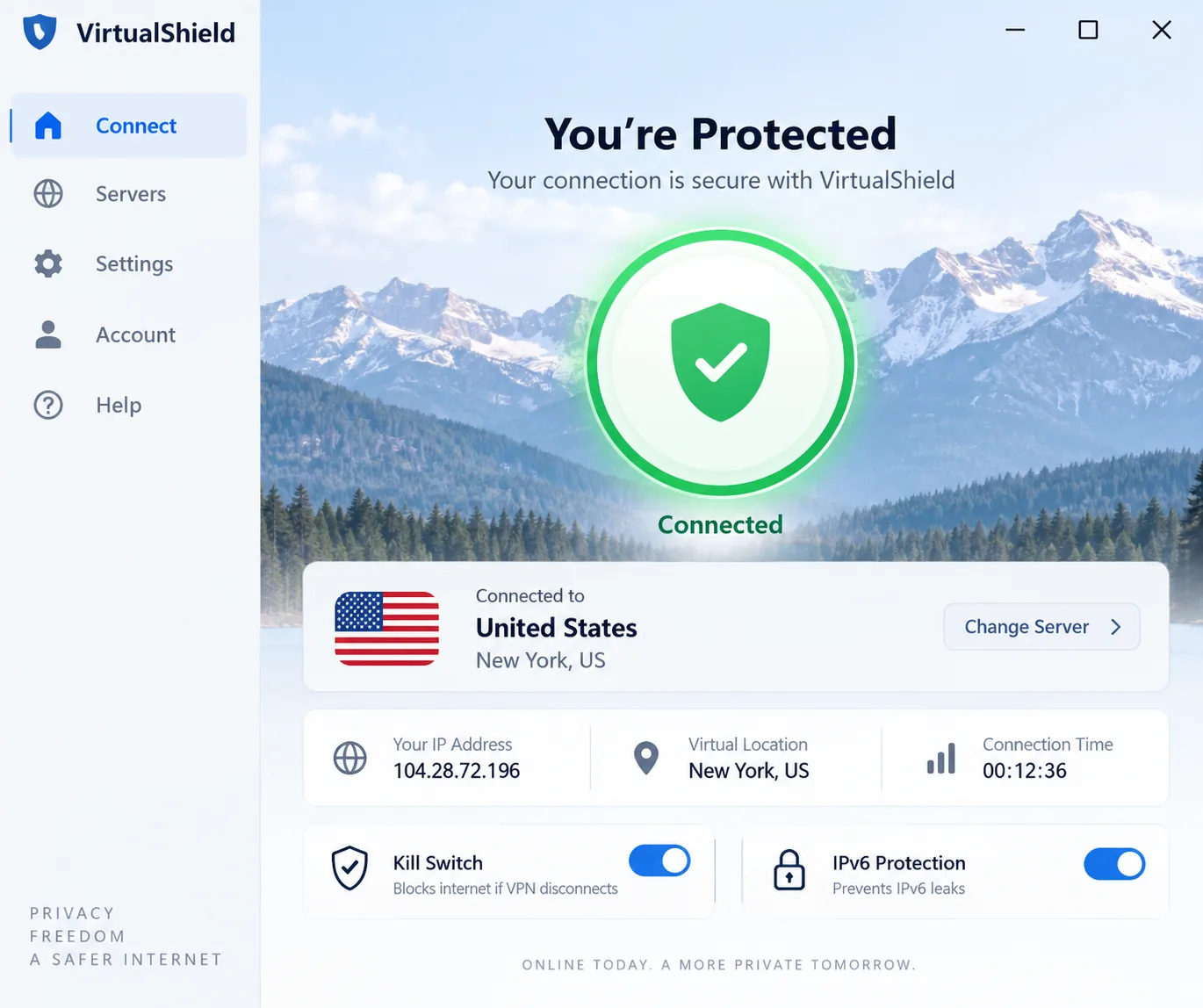 VirtualShield's Windows app on its one-tap connect screen, connected to a US server with the kill switch and IPv6 protection toggles on.