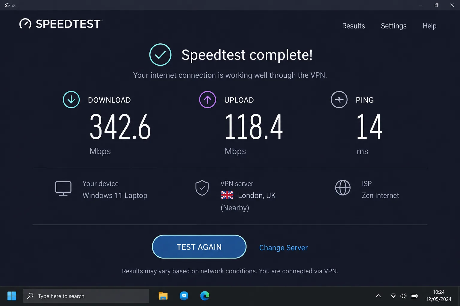 A speed test results page showing download, upload and ping figures recorded on a Windows laptop connected to a nearby VPN server.