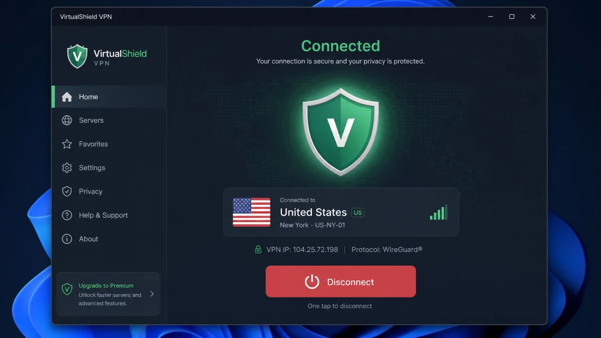 VirtualShield VPN Windows desktop app showing a connected status with a large shield icon, the selected US server, and the one-tap disconnect button.