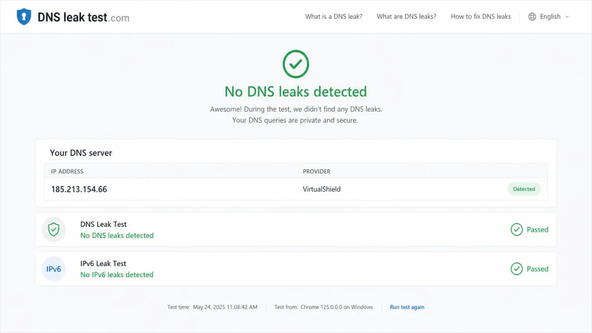 Browser-based DNS leak test results page showing only the VirtualShield server IP address with no DNS or IPv6 leaks detected during testing.