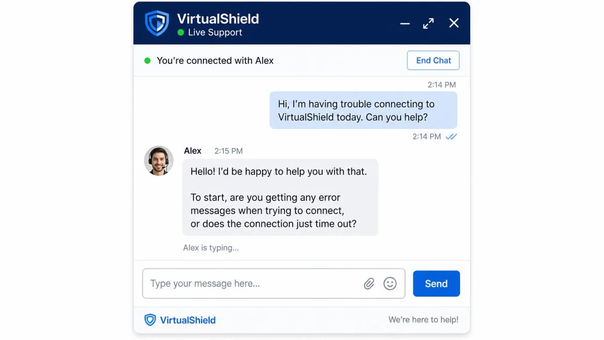 VirtualShield live chat support window with an agent replying to a connection question during a support session.