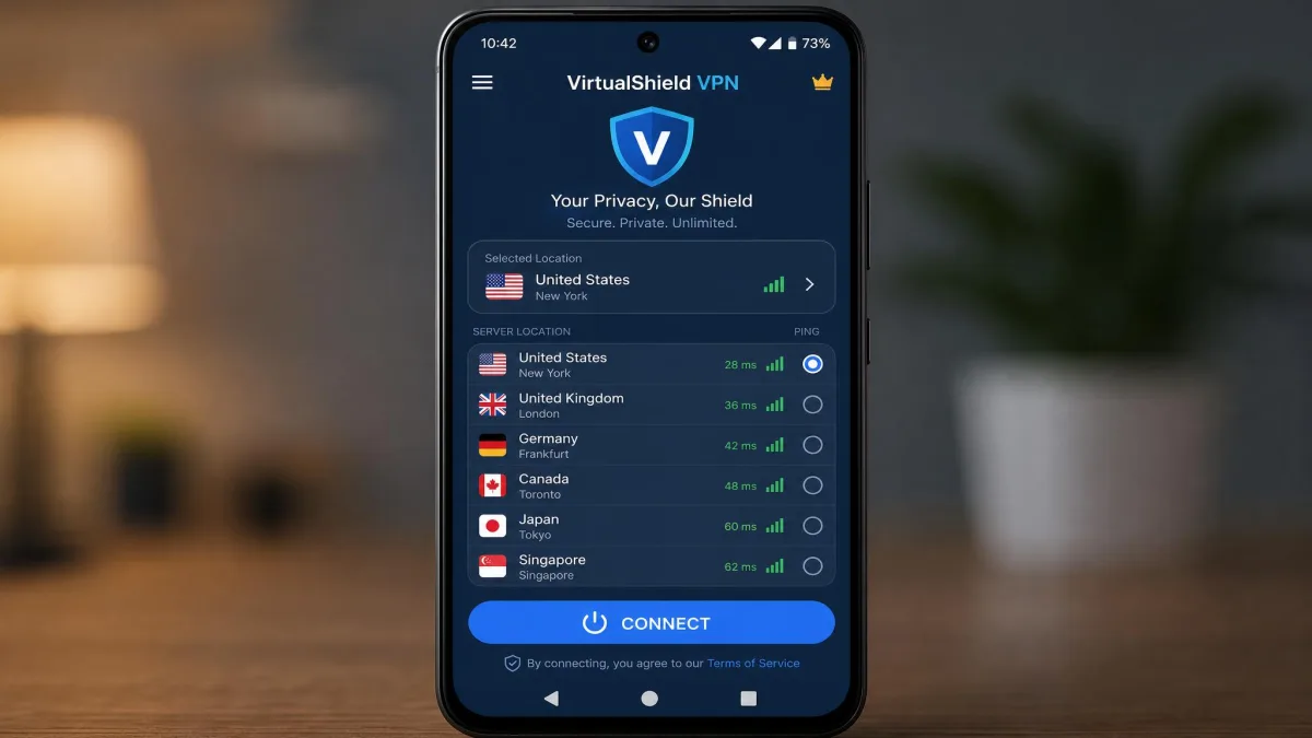 VirtualShield VPN Android app on a mid-range phone showing the server location list with country flags and a prominent connect button.