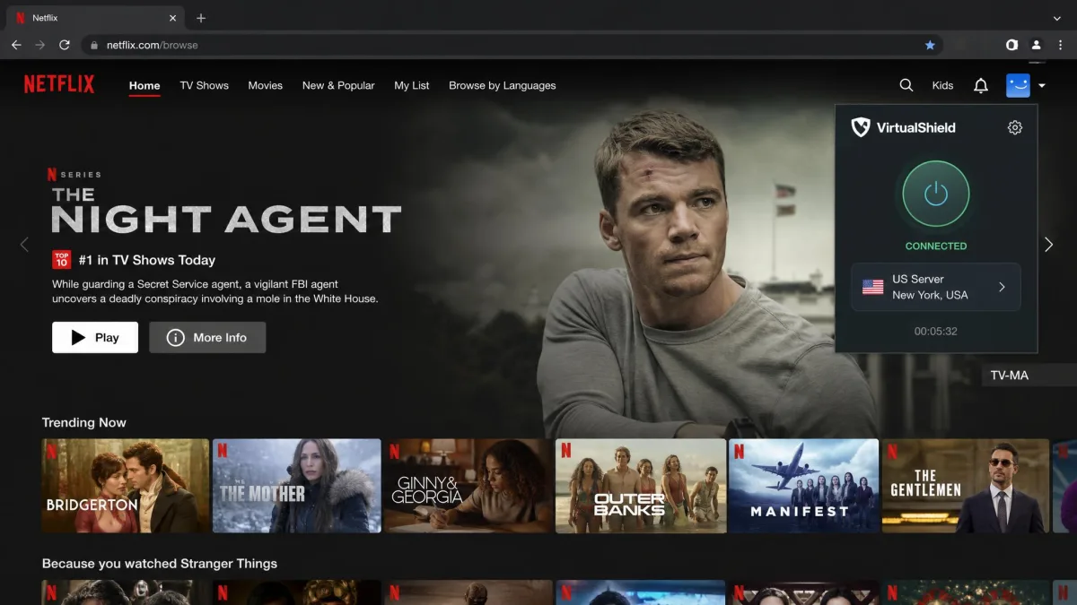 Netflix home screen loading a US library while connected to a VirtualShield US server in a desktop browser.