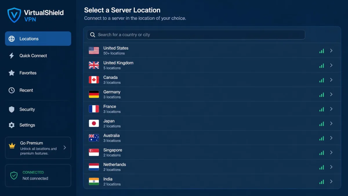 VirtualShield VPN server selection screen listing available countries with flags and a search box at the top of the location list.