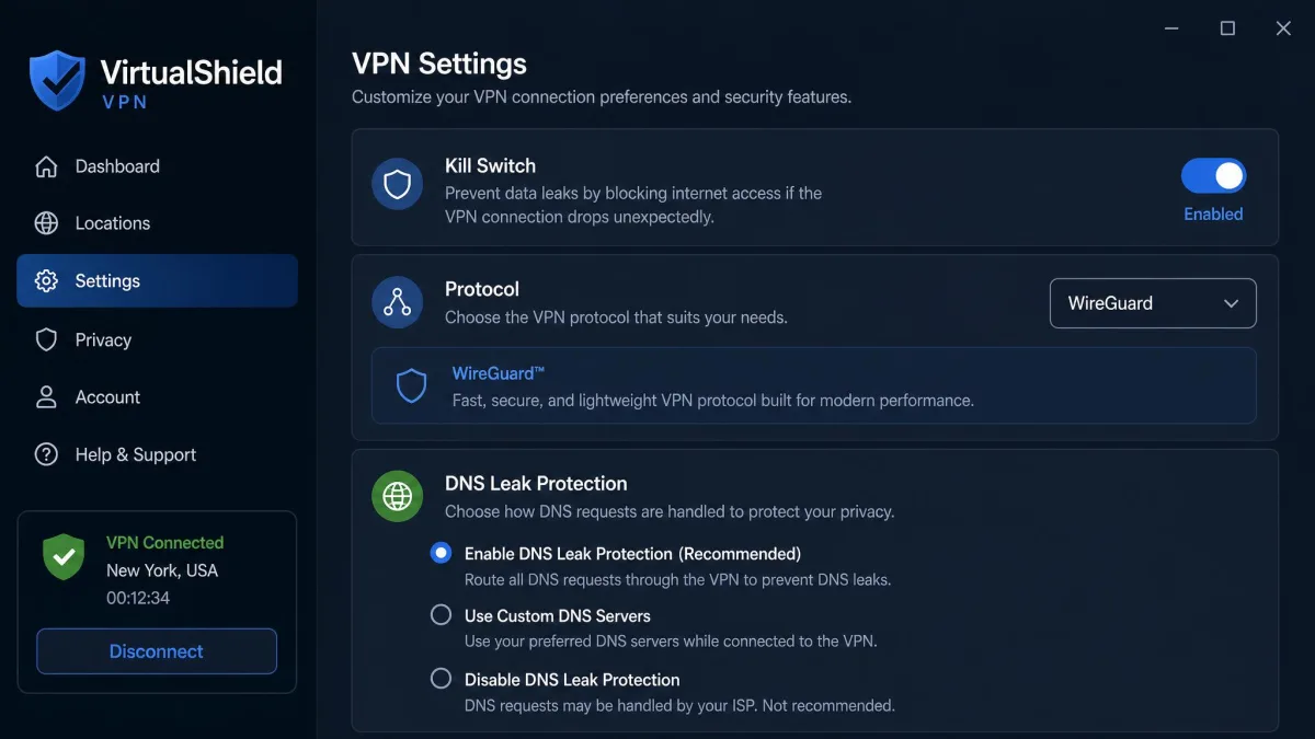 VirtualShield VPN settings screen with the kill switch toggle enabled and WireGuard protocol selected, alongside DNS leak protection options.