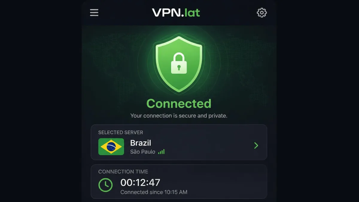 VPN.lat app showing a connected status with a green shield icon, the selected Brazil server, and elapsed connection time.
