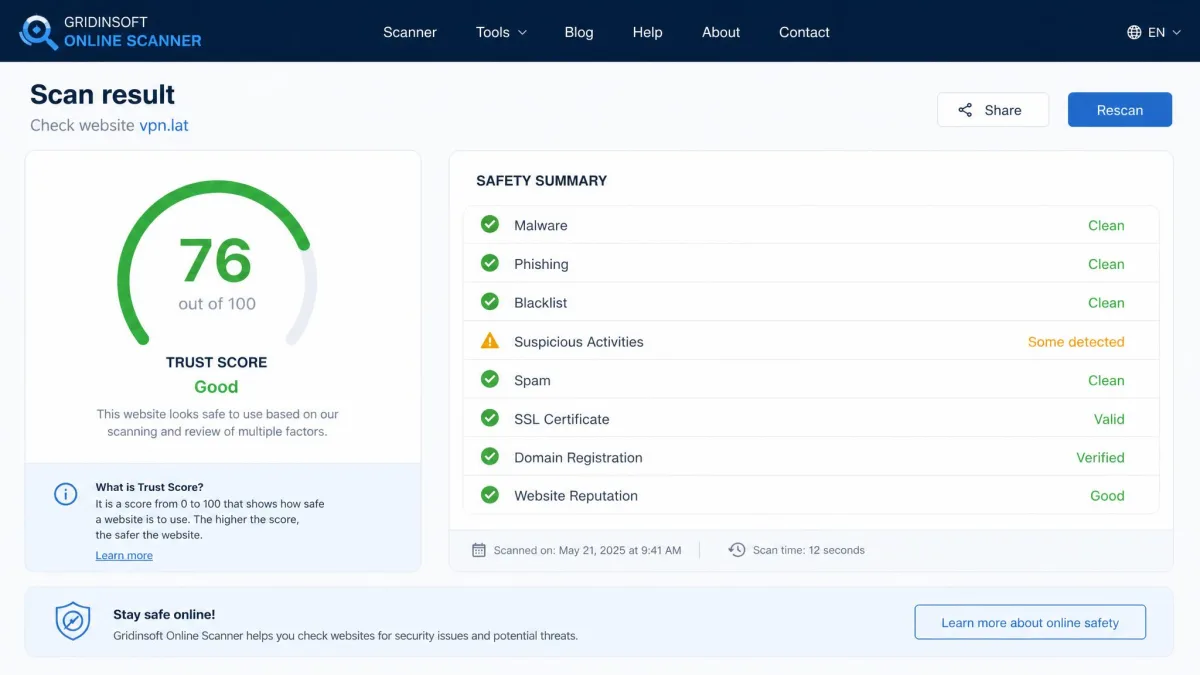 Gridinsoft online scanner result page showing VPN.lat with a 76 out of 100 trust score and a safety summary.