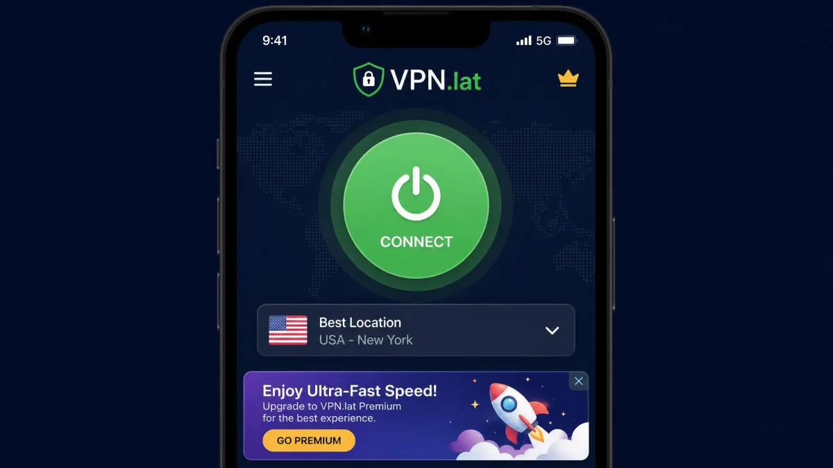 VPN.lat mobile app home screen showing the large connect button, a server location selector, and a banner ad across the bottom of the display.