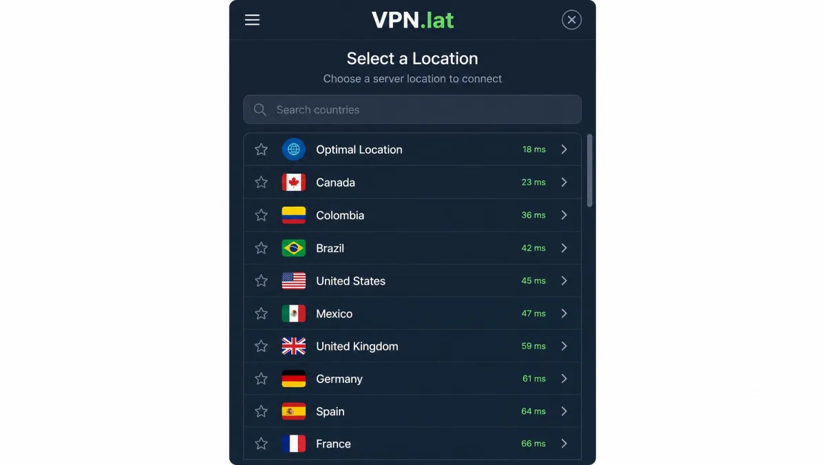 VPN.lat country selection screen showing a scrollable list of server locations with flags, including Colombia, Brazil, and the United States.