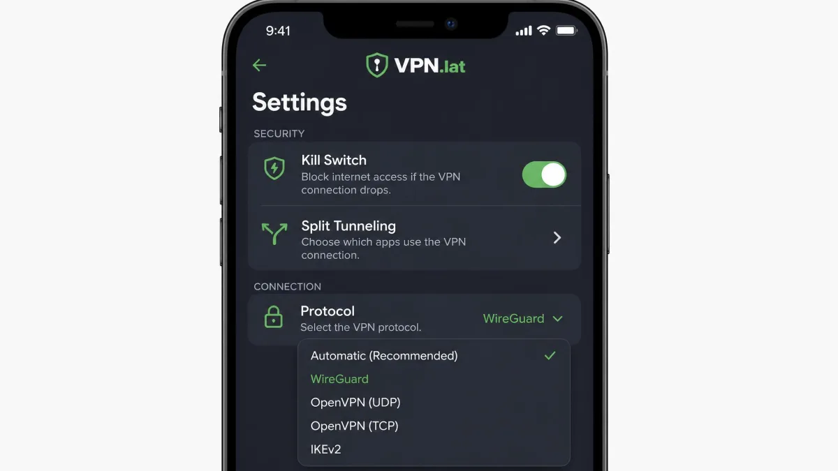 VPN.lat settings screen displaying the kill switch toggle, split tunneling option, and protocol selection menu on a mobile device.