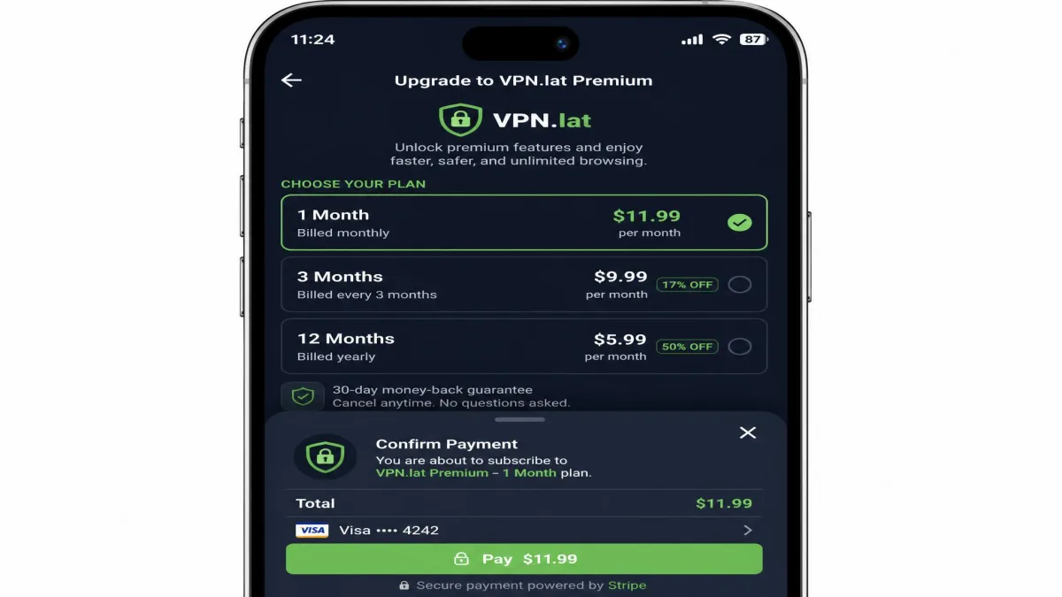 VPN.lat premium upgrade screen showing monthly subscription pricing tiers and a payment confirmation prompt on a phone.