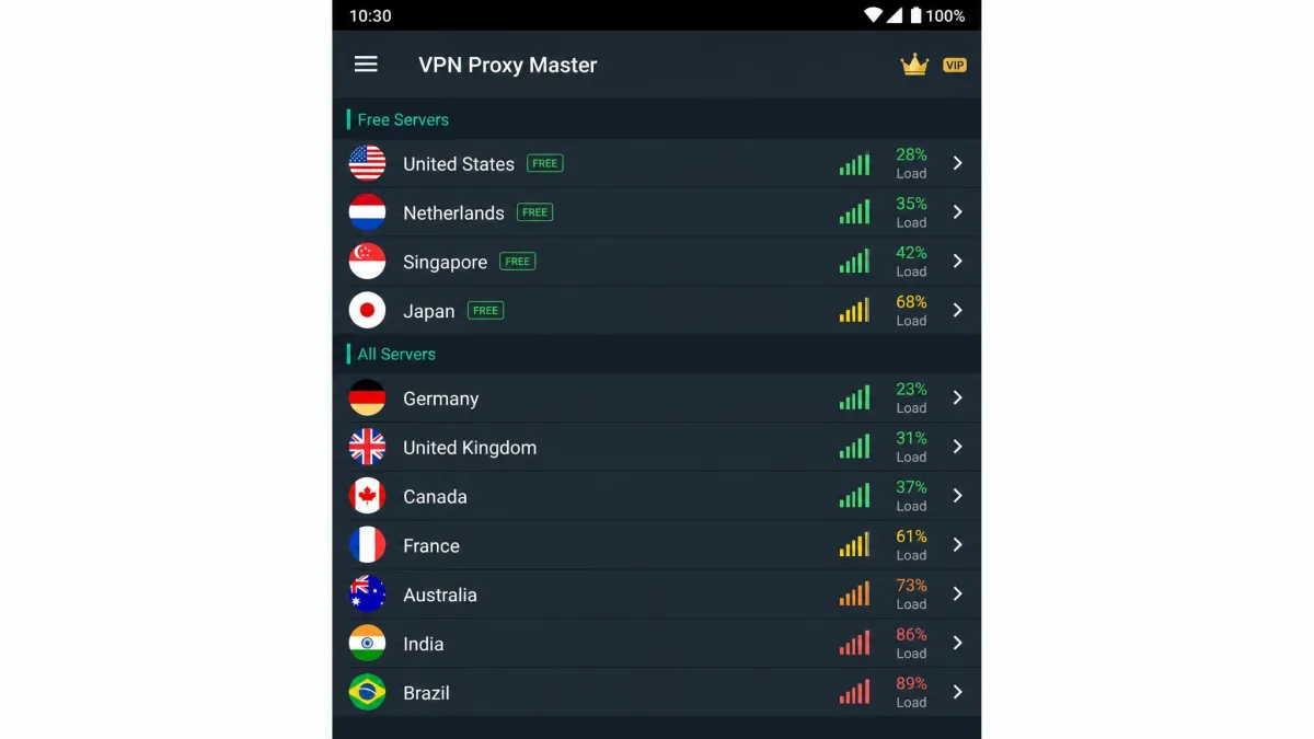 VPN Proxy Master Android app server list screen showing available country locations with signal and load indicators next to each entry.