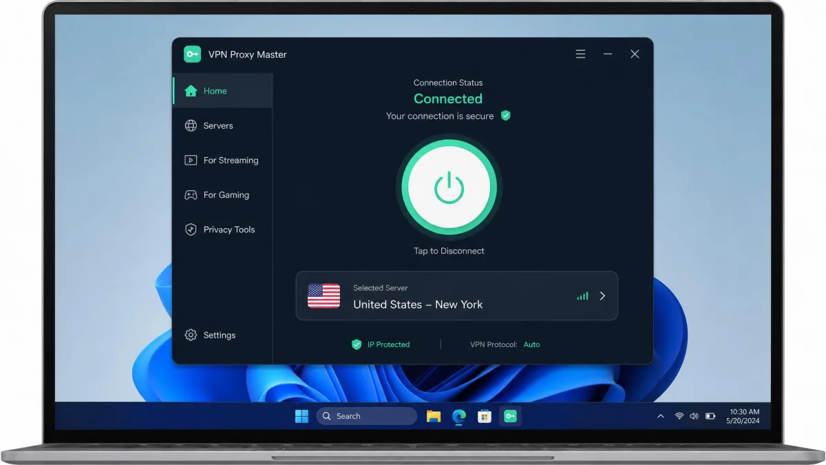 VPN Proxy Master Windows app home screen showing the large connect button, the selected server location, and the current connection status on a laptop.