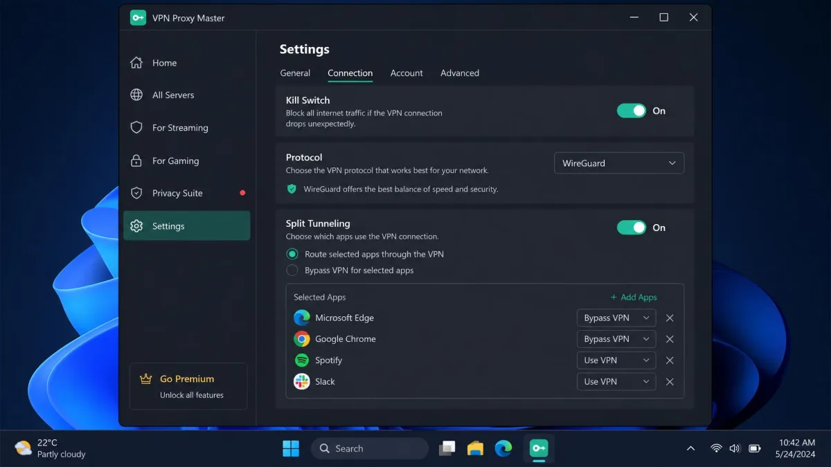 VPN Proxy Master settings panel showing the kill switch toggle, protocol selection, and split tunneling options on a Windows laptop.