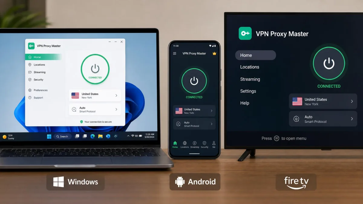 VPN Proxy Master apps shown side by side on a Windows laptop, an Android phone, and a Fire TV interface to illustrate cross-device support.